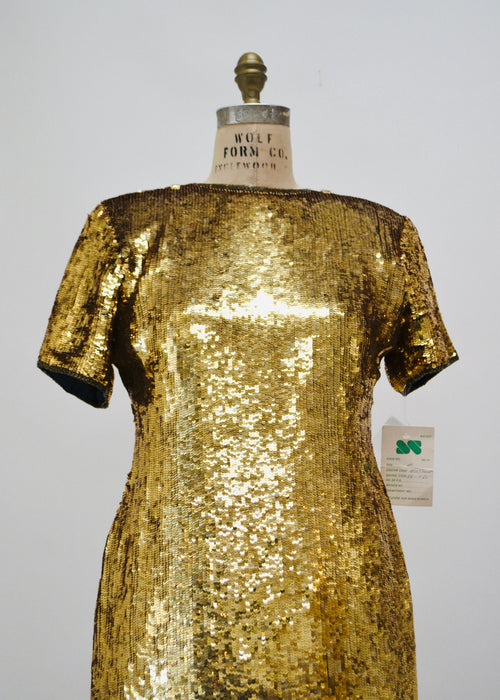 80s 90s Vintage Gold Sequin Dress Vintage Gold Metallic Dress Small Medium// Sequin Dress Flapper Inspired Cher Dress 80s Glam