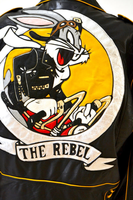 90s Vintage Black Leather Motorcycle Biker Jacket Rebel Bugs Bunny mens Large XL Looney Tunes Cartoon Leather jacket by Baez