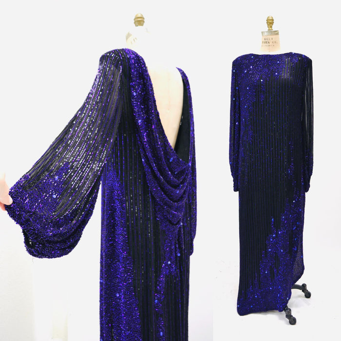 80s 90s Vintage Beaded Sequin Gown Dress Medium Large By Bob Mackie Blue Black Rhinestones Long Sleeve Blue Beaded Conservative Draped Gown