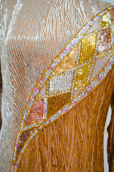 80s Vintage Gold Sequin Bob Mackie Dress Black white Beaded Sequin Fringe Dress Medium I.MAGNIN Bob Mackie  Asymmetrical Fringe Dress