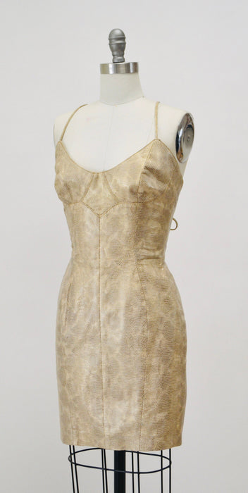 Stunning 90s 20002 y2k Leather Dress Gold Tan Lace Up leather Dress XS Small  Michael Hoban North Beach// Leather Body Con Dress Short Dress