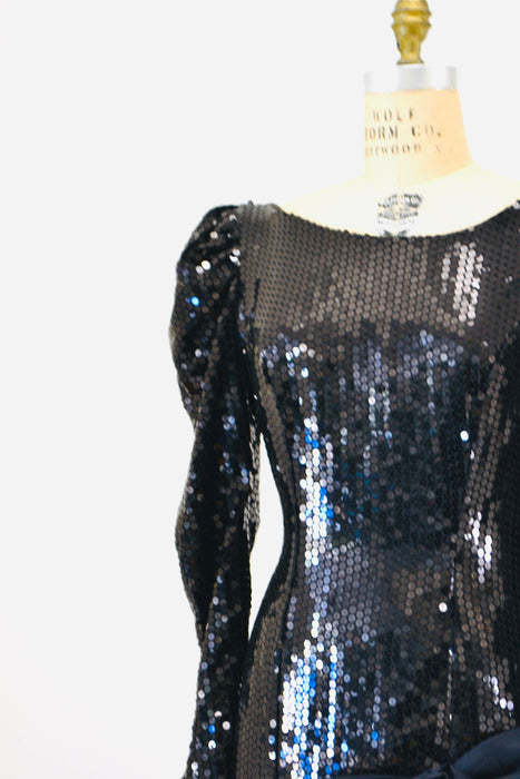 80s 90s Black Vintage Sequin Dress Evening Gown Medium// 80s Pageant Dress Black Sequin Ball Gown Dress Long Sleeve Conservative Nadine