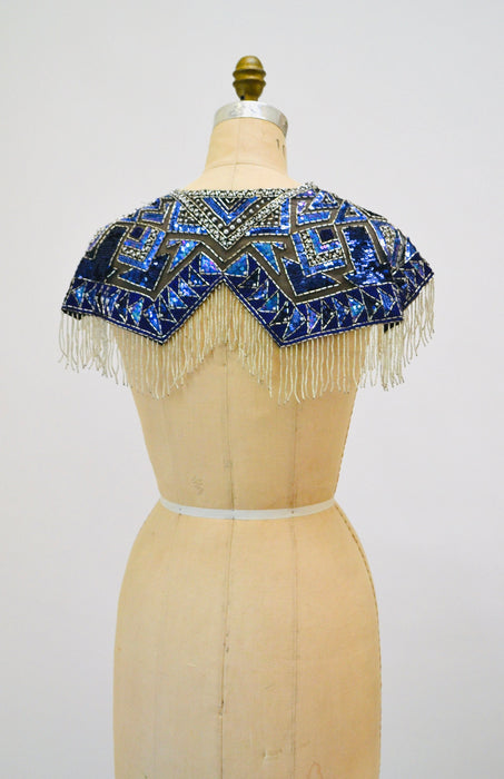 90s Vintage Blue Beaded Fringe Shawl Wrap Burlesque Wedding Flapper Blue Metallic Beaded Vintage Fringe Collar Shawl Showgirl