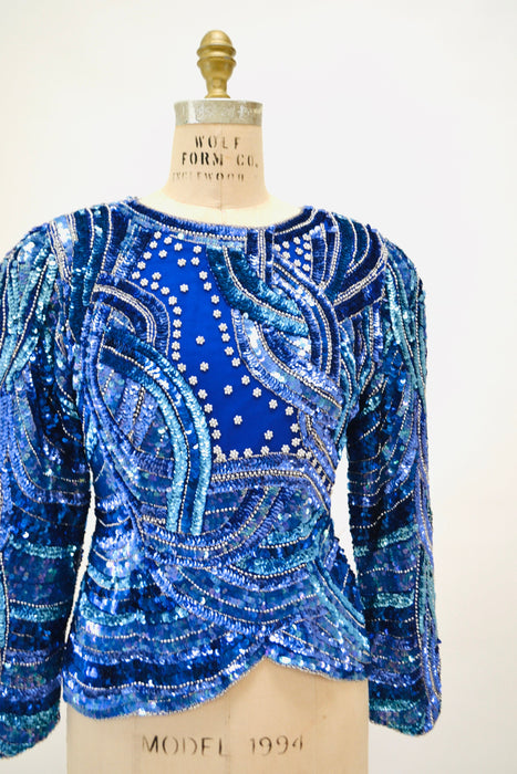 Vintage 80s 90s Blue Metallic Sequin Shirt Small Medium Blue silver Metallic// Vintage 80s Glam Sequin Shirt Long Sleeve blue Sequin Top