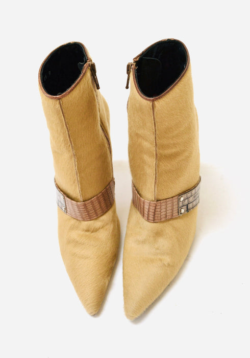Vintage 90s 00s Pony Hair Leather High Heel Booties 6 1/2 7 By Lagerfeld// Pony Hair high heel Cropped Boots 6 1/2 Camel Tan Made in France