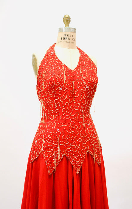 Stunning 80s 90s Vintage Red Beaded Dress Medium Large// 80s 90s Red Beaded Fringe Pageant Dress Halter Neck Showgirl Red Silk Chiffon Dress