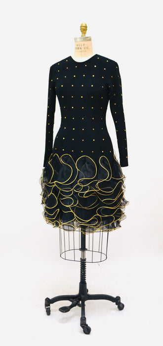 80s 90s Vintage Black Dress Long Sleeve Knit Ruffle Studded Dress XS Small// Black Knit Studded Dress By Lillie Rubin Long Sleeve XS Small