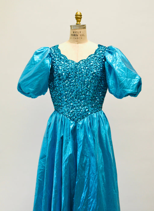 Vintage 80s Prom Sequin Dress Blue Metallic Ball Gown Medium Large // Vintage 80s Pageant Princess Dress Ball gown Party Dress Mike Benet