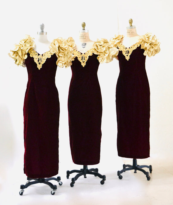 Vintage 80s Prom Dress Red Velvet Gold Metallic Evening Gown Small Medium// Vintage Dark Red Velvet gold metallic Ruffle Dress Pageant Gown