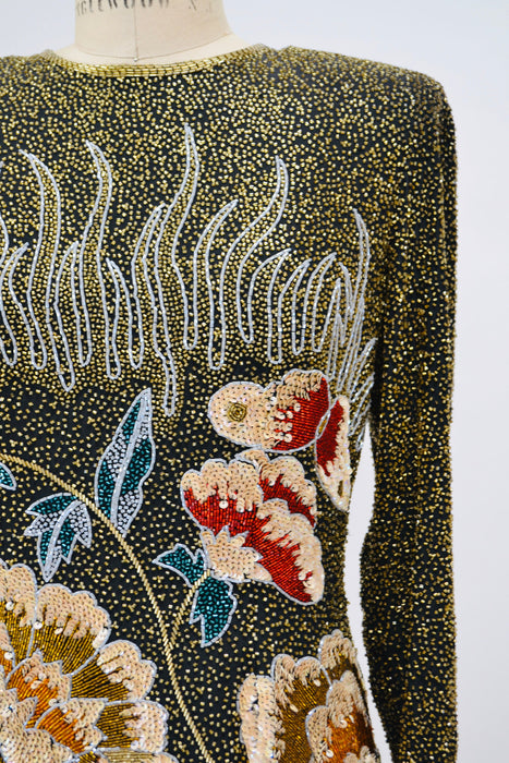 80s 90s Vintage Beaded Shirt Top Gold Floral Sequin Top Flowers// Vintage Beaded Party Top Flower Sequins Christmas Xmas New Years Party Top