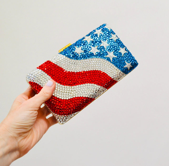 90s Vintage Metal Crystal Evening Bag Swarovski Bag 90s Katherine Baumann USA American Flag United States Crystal Minaudière Clutch Bag