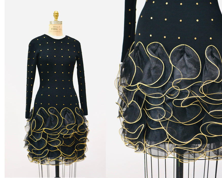 80s 90s Vintage Black Dress Long Sleeve Knit Ruffle Studded Dress XS Small// Black Knit Studded Dress By Lillie Rubin Long Sleeve XS Small