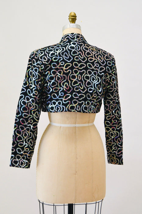 80s 90s Vintage Black Sequin Jacket Metallic Hologram Sequin Jacket XS Small// Black Cropped Sequin Bolero Silver Hologram Sequin jacket