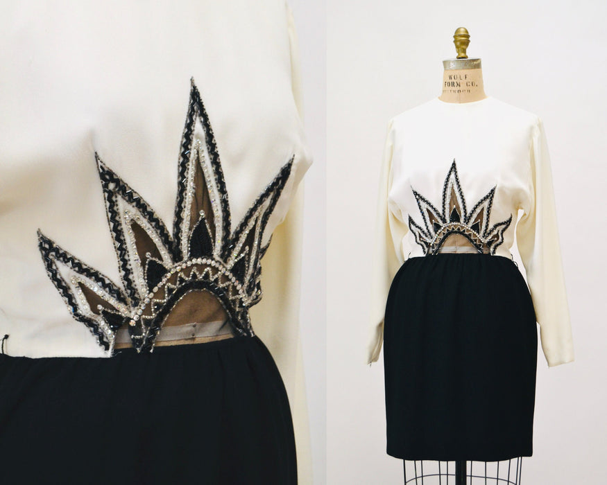 80s 90s Vintage Bob Mackie off White Cocktail Party Dress Beaded Sequin Dress Vintage Long Sleeve Cream Wedding Party Dress Small Cher Dress
