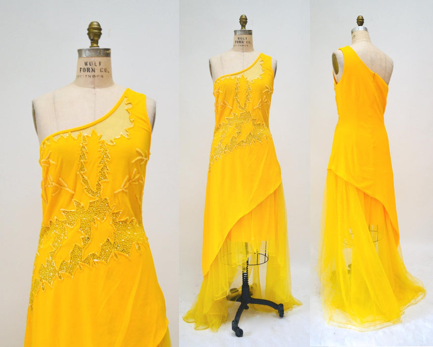 Vintage 00s Y2K Tank Dress Knit Beaded Yellow Sheer Dress Large XL// Yellow Beaded Dress Salsa Sexy One shoulder Asymmetrical Club Dress XL