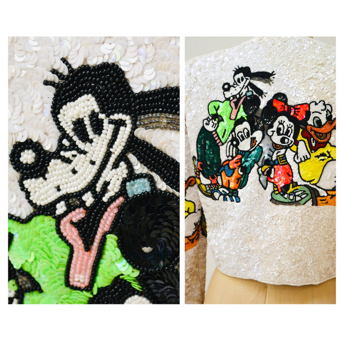 Vintage Jeanette Kastenberg Platinum Beaded Jacket Disney Mickey Minnie Mouse Donald Duck Beaded Bolero Jacket Comic Cartoon Medium Large