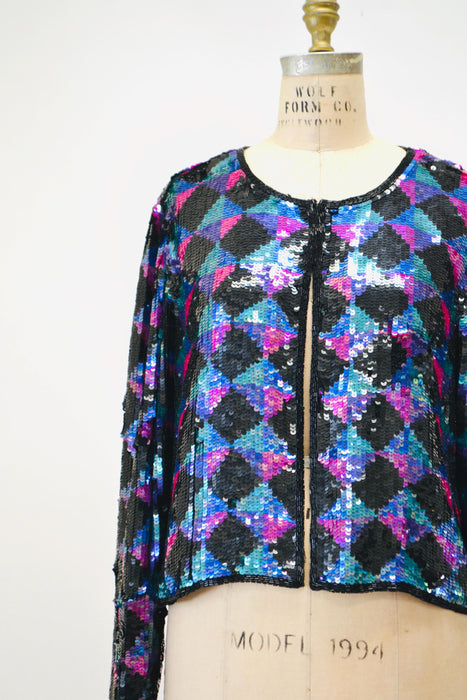 Vintage Sequin Jacket Black Silver Metallic Checker Plaid Small Medium// Vintage Sequin Jacket Blazer Silver Black Checkered Sequin Glam