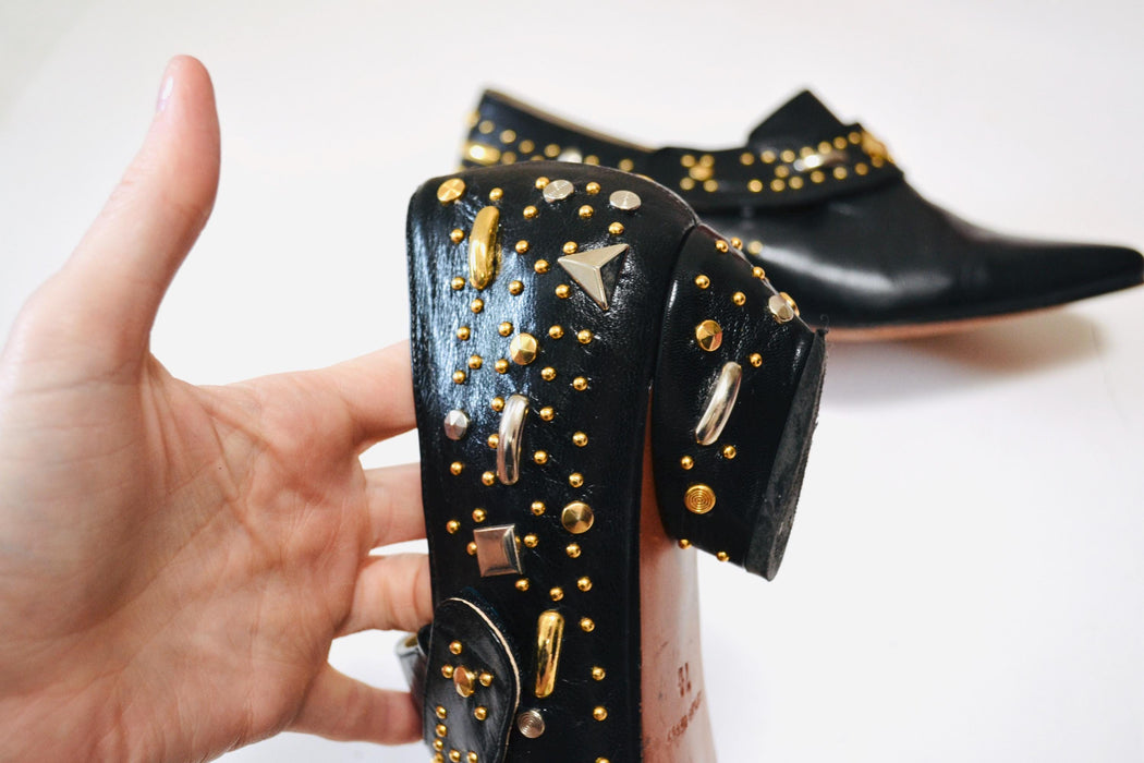 80s 90s Black Leather Cropped Boots size 7 1/2 Cropped Studded Rockstar Black Booties Flats // 90s Black Leather Booties Shoes Size 7 7 1/2