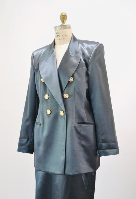 90s Vintage Gray Pewter Satin Jacket Blazer Suit Skirt Dark Grey Blazer 80s 90s Glam Power Suit Medium Criscione 90s Suit Rhinestone buttons