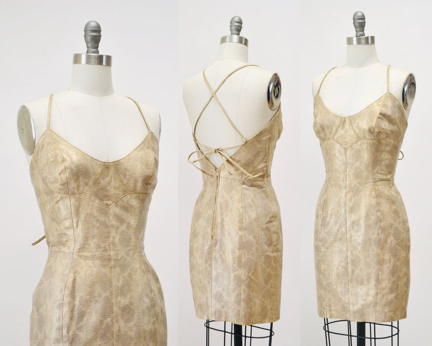 Stunning 90s 20002 y2k Leather Dress Gold Tan Lace Up leather Dress XS Small  Michael Hoban North Beach// Leather Body Con Dress Short Dress