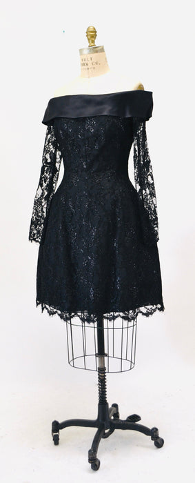 90s 00s Vintage Black Lace Dress off the shoulder Dress by Liancarlo// Black lace Dress XS Small Neiman Marcus