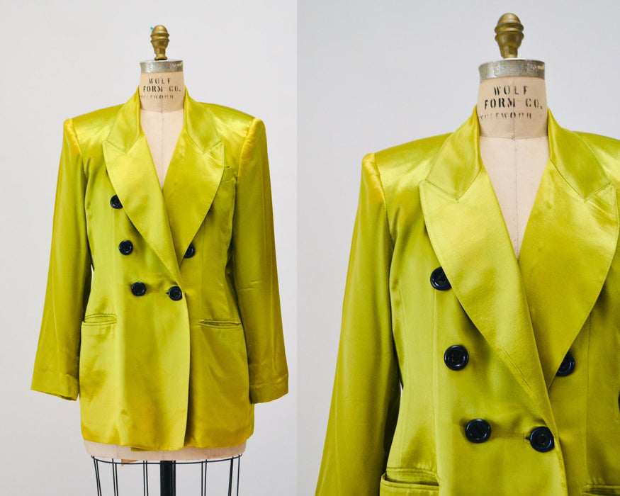 90s Vintage Lime Green Satin Jacket Blazer Green Satin Jacket Medium by Criscione // 90s Vintage Green Wedding Party Jacket Blazer