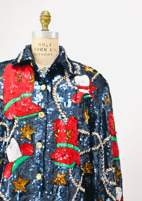 80s 90s Vintage Sequin Jacket Large Blue Metallic Gold Stars Rodeo Rhinestone Cowboy Cowgirl Sequin Jacket USA America Stars Rodeo Modi