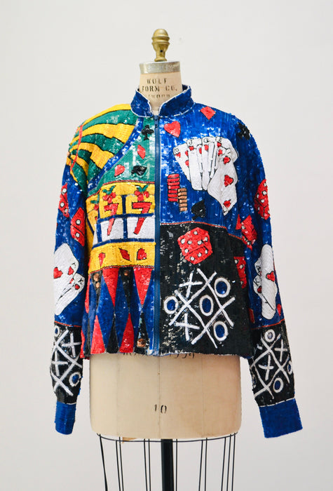 80s 90s Vintage Las Vegas Casino Sequin Jacket Large by JUST FABULOUS Cards Slot Machine Poker Las Vegas Pop Art Beaded Sequin Jacket Large