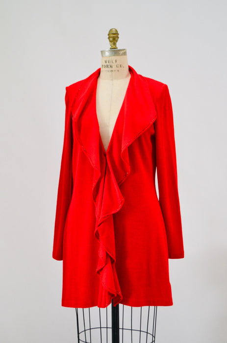 Vintage St John Dress Red Metallic Knit Ruffle Cardigan Sweater St John// Red Metallic Party Dress Sweater Cardigan Medium Large St John