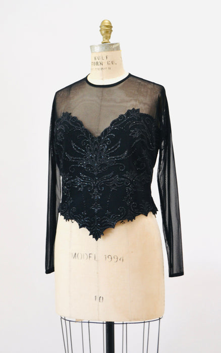 90s Vintage Sheer Black Velvet Top 90s Party Sheer long Sleeve Top Medium Large // 90s Sheer Mesh Velvet Party Shirt Tadashi Inspired Top