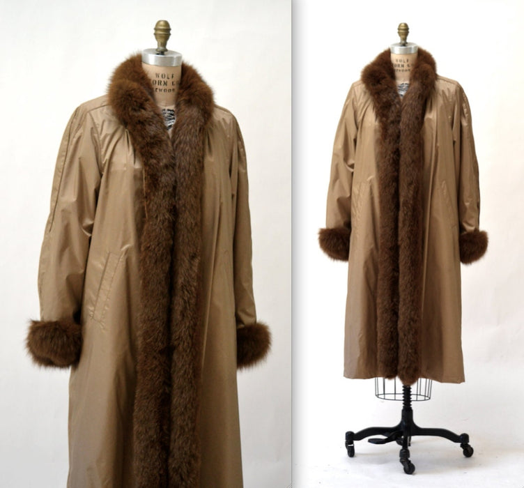 Vintage Fur Jacket Coat Size Large Tan Brown Fur Lined// 80s Vintage Trench Coat with Beaver Fox Fur Collar// Vintage Rain Jacket with Fur