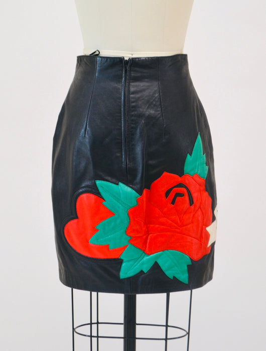 Vintage Black Leather Skirt with True Love Heart by Michael Hoban North Beach// 90s Vintage Black Leather Skirt XS Small Tattoo