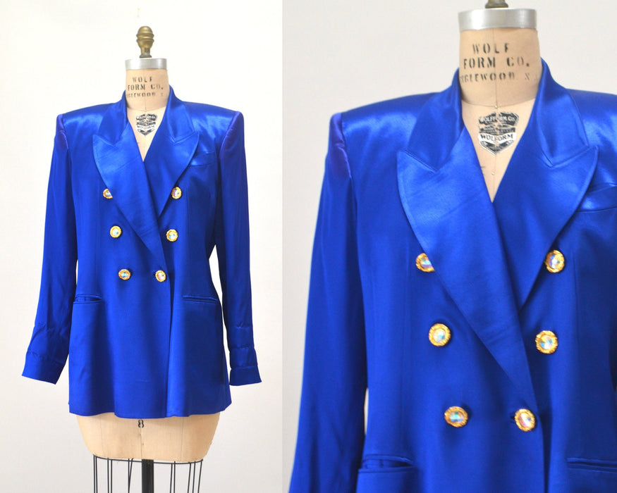 Vintage 80s 90s Cobalt Blue Satin Suit Jacket Blazer 90s Blue Barbie Power Suit Medium Large Rhinestone Buttons// 90s Glam Jacket  Criscione