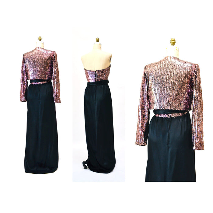 70s Vintage Pink Black Sequin Gown Dress Sequin Jacket By Estevez Strapless Sequin Dress Gown Pink Sequin Jacket Disco Party Medium