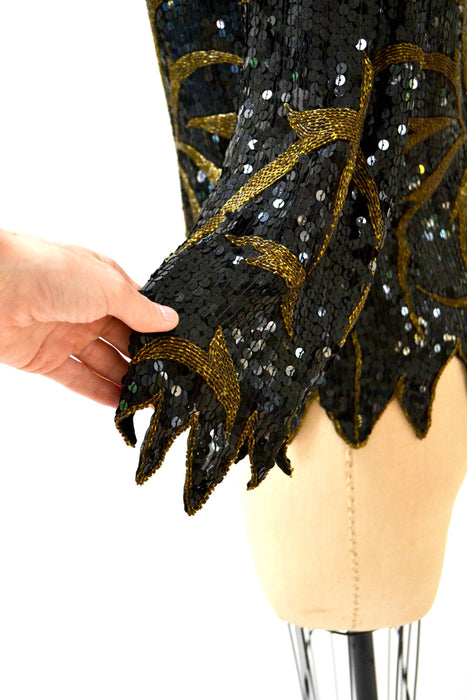Vintage Metallic Sequin Shirt Black Art Deco Flapper Inspired Gold Palm Tree // 80s Vintage Beaded Shirt Top Black Sequins Small