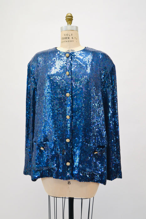80s 90s Glam Vintage Blue Iridescent Sequin Jacket Large Blue Metallic Gold Rhinestone Buttons Jacket Sequin Jacket Jeanette Kasetenberg