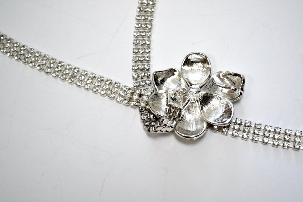 90s Vintage Silver Rhinestone Belt Small Medium large Rhinestone  Wedding Belt Rhinestone Sash Belt Silver Metallic Flower Belt Buckle