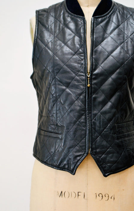 90s Vintage Black Leather Vest Black Quilted Leather Biker Vest Tank Top// 90s Biker Babe Fall Vintage Black Leather Vest Size Medium