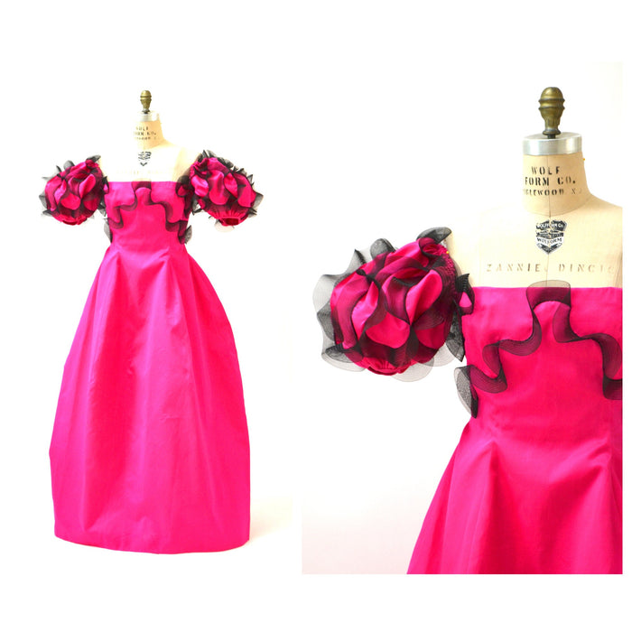 90s Vintage Pink Ball Gown Dress Small Medium By Bill Blass Bergdorf Goodmans Bright Pink Ruffle Gown Dress Off the Shoulder Dress