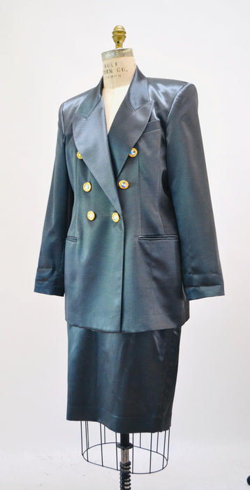 90s Vintage Gray Pewter Satin Jacket Blazer Suit Skirt Dark Grey Blazer 80s 90s Glam Power Suit Medium Criscione 90s Suit Rhinestone buttons