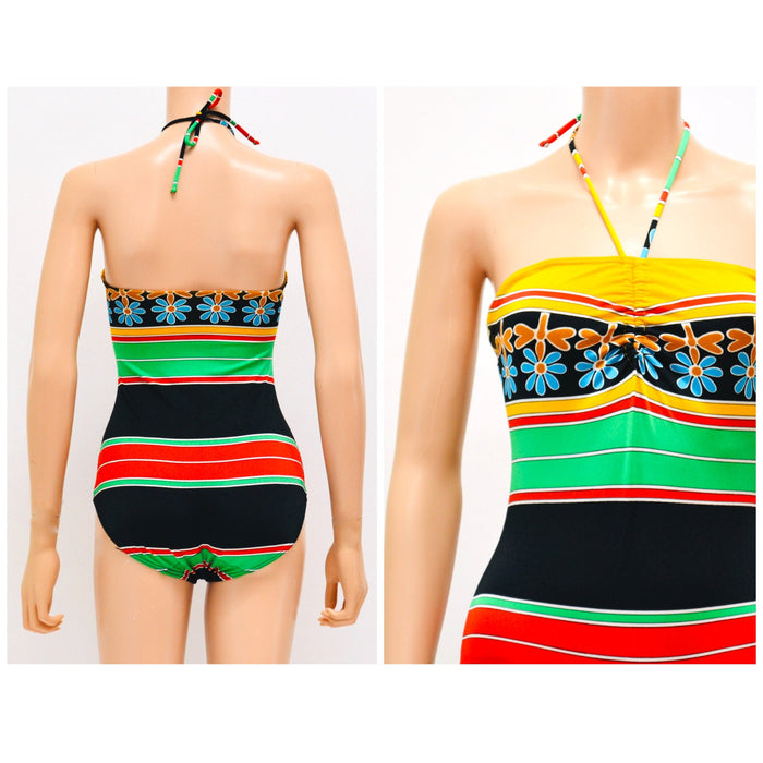 Vintage 70s 80s Swimsuit XS SMALL one Piece Halter neck Strapless Swimsuit Striped Floral Print Red Yellow Black Swimsuit Saks Fifth Avenue