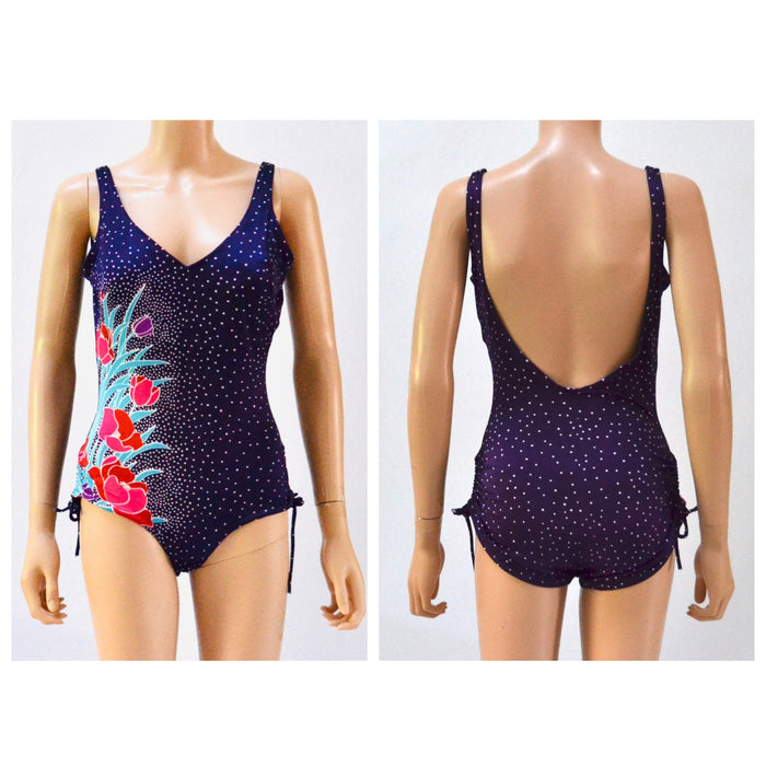 Vintage 70s 80s Rose Marie Reid Swimsuit Floral Print One Piece High Cut Swim Suit Medium Purple Polkadot Tropical Print Swimsuit 1970s