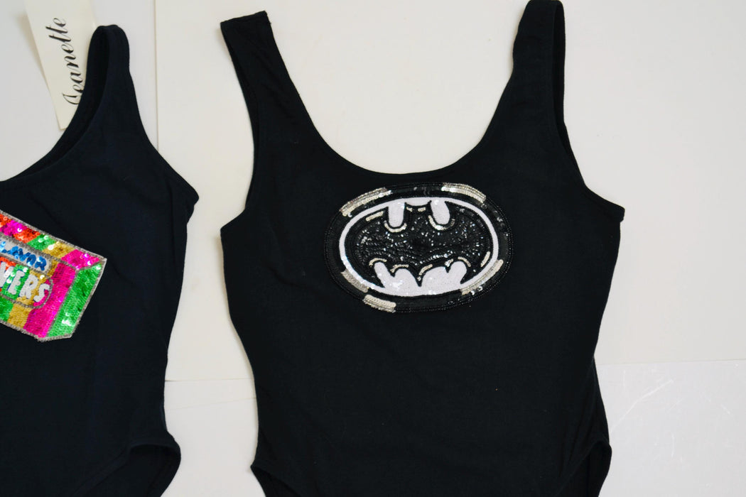 90s Black Sequin Body Suit Knit Body Suit Leotard High Cut 80s 90s body Suit with Sequin Batman Logo By Jeanette Kastenberg XS Small