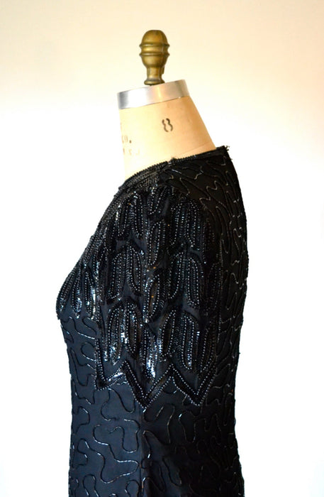 90s Vintage Black Beaded Sequin Dress Size Medium 90s Party Dress in Black Medium Laurence Kazar Art Deco 20s Flapper Inspired