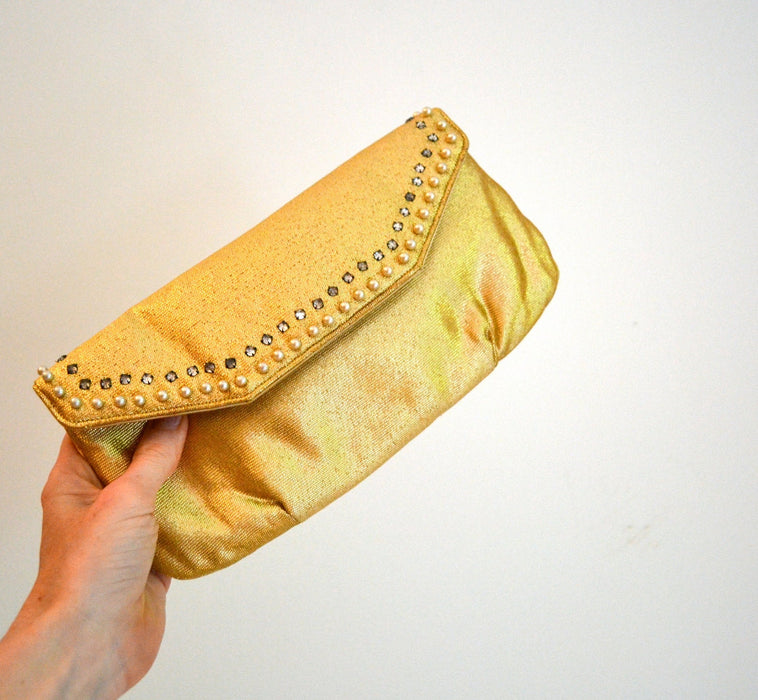 Vintage Gold metallic Clutch Purse bag Rhinestones and Pearls// Vintage Metallic Clutch// Metallic Gold Wedding Evening Bag purse clutch