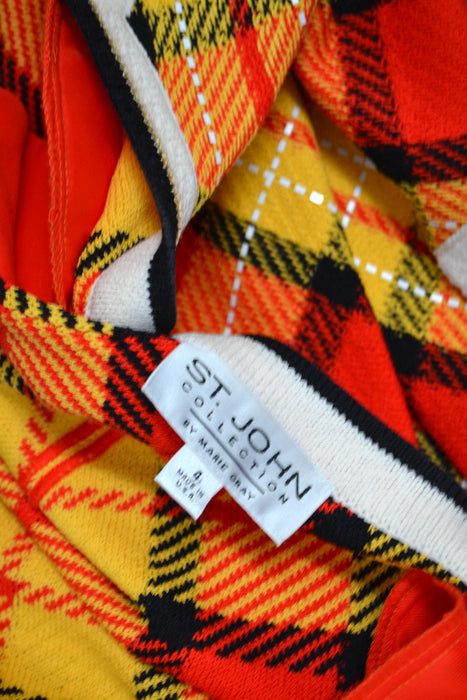 80s 90s Vintage St. John Collection Yellow Plaid Sweater Cardigan Jacket Yellow Black Red Gold Plaid Knit Jacket Small Cardigan St John