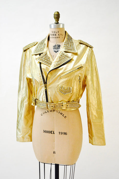 Amazing Vintage Gold Leather Biker Jacket with Rhinestones Gold Studs Large XL// Metallic Studded Gold Leather Moto Jacket LA ROXX