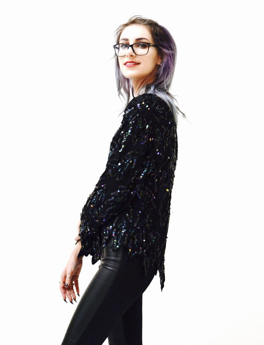 Vintage Metallic Sequin Shirt Black Art Deco Flapper Inspired Oil Slick// Vintage Flapper Inspired Beaded Shirt Top Black Sequins Small