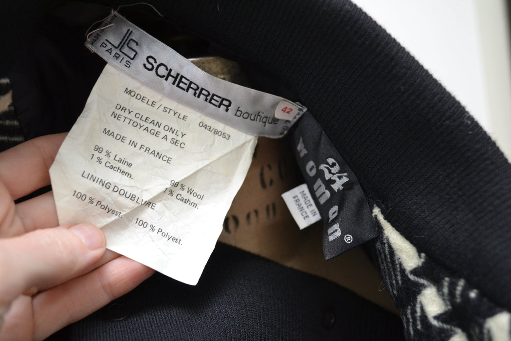 80s Vintage Wool Plaid Jacket Black White by JEAN-LOUIS SCHERRER Paris Wool Plaid bomber Jacket// Vintage Black White Wool Jacket Medium