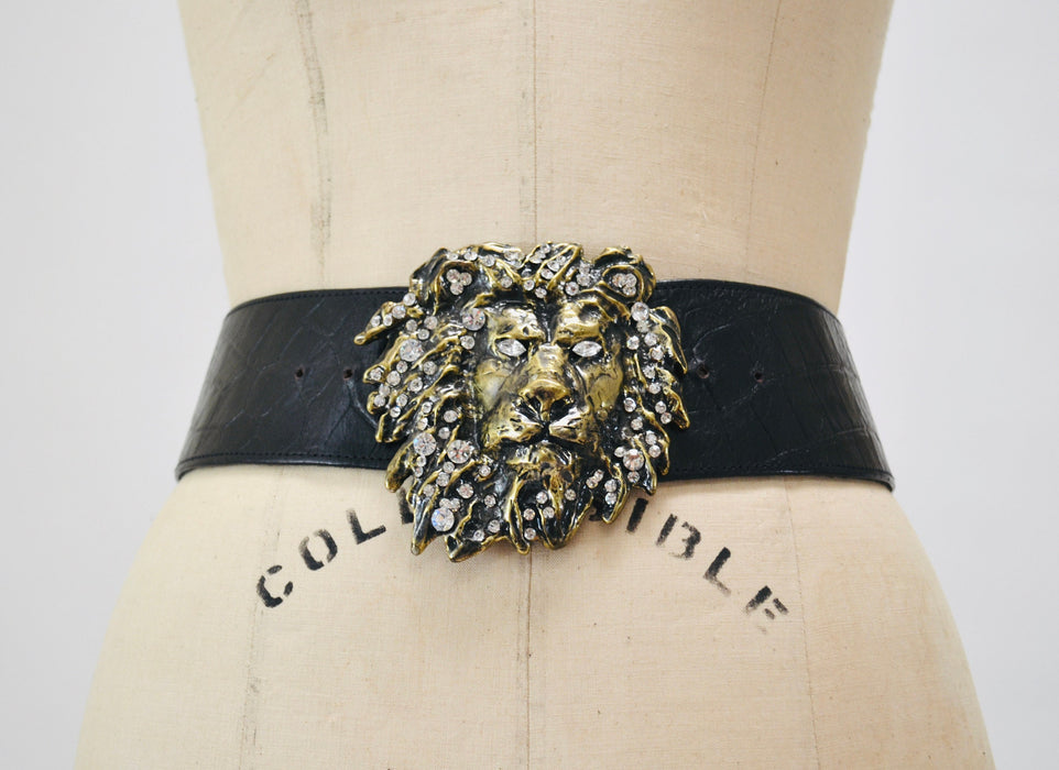 90s Vintage Katherine Baumann Beverly Hills Brass Swarovski Crystal Lion Belt Buckle Metallic Rhinestone Belt Buckle Large Cat LION Metallic